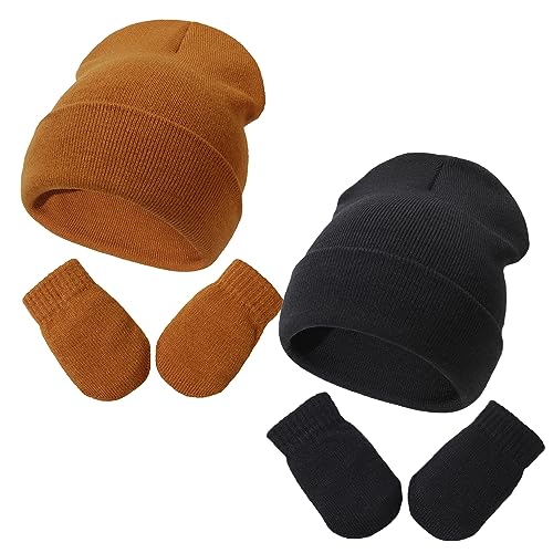 Image of Baby Beanie Hat Gloves Set, Kids Winter Warm Knit Hat with glvoes,Toddler Soft Beanie for Little Boys Little Girls Children