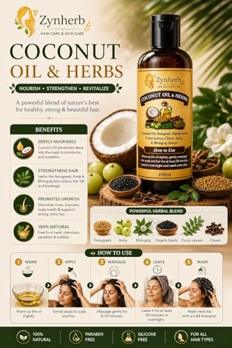 Image of Zynherb Coconut Oil & Herbs Hair Oil with Fenugreek, Nigella Seeds, Amla & Bhringraj, Paraben Free, for All Hair Types, 100ml