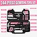 144-Piece Pink Tool Kit Basic Home Repair Tool Set General Household Hand Tool Kit Small Tool Kit with Plastic Toolbox Mini Tool kit for Women, Office & College Repairs