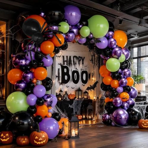 Image of Black Purple Balloon Arch Double Stuffed Latex Orange Green Metallic Purple Black Balloon Garland for Halloween Thanksgiving Wednesday Birthday Vampire Retirement Prom Decor