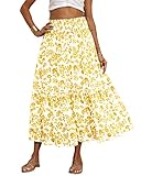 BTFBM Women 2024 Summer Spring Floral Long Skirts Casual Elastic High Waist Pleated Swing A Line Boho Beach Maxi Skirt(Floral Yellow, Medium)
