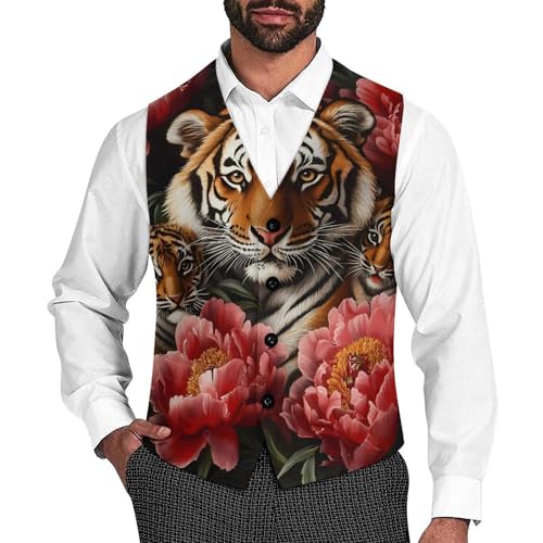 Tiger Mom with Flower Mens Slim Fit Suit Vest Dress Waistcoat Casual Business Vest