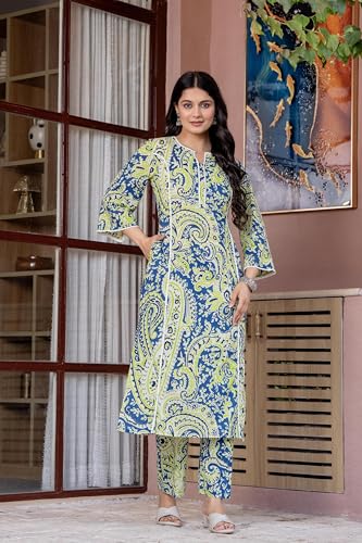 Image of Pistaa's Women Pure Cotton Paisley Printed A-Line Kurta with Pants Set