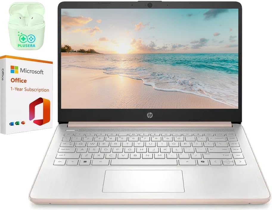 Image of HP 14 inch LED Business &Student Laptop with 1-Year Office 365, 4GB RAM 640GB Storage (128GB UFS + 512GB SD Card), Intel Quad-Core N150 Processor, Windows 11 S, PLUSERA Earphones, Rose Gold
