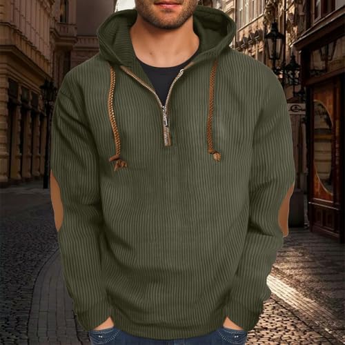 Mens Casual Corduroy Hoodies 1/4 Button/Zipper Outdoor Travel Long Sleeve Fall Pullover Sweatshirt with Elbow Patches3