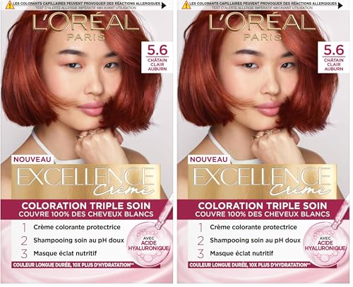 L’ORÉAL PARIS - Coloration Cheveux Permanente Triple Soin - Couvre 100% des Cheveux Blancs - Excellence Crème - Nuance : Châtain Auburn (5.60) (Lot de 2)