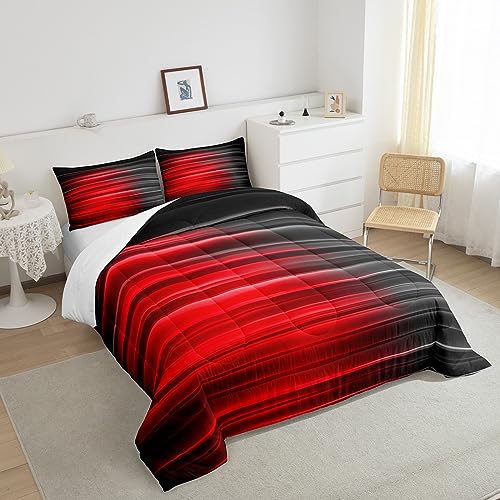 Image of Feelyou Red and Grey Bedding Set Twin, Ombre Gradient Lines Comforter Set for Boys Girls Geometric Abstract Ombre Comforter Stripes Duvet Set 2Pcs