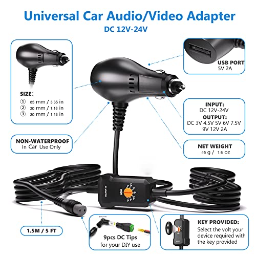 Aisilk Multi-Voltage 3V-12V 2A Car Charger Audio Video Power Adapter For Gps Dvd Tablet Driving Recorder Car Monitor Dash Camera Car Refrigerator Led Lights 9 Connectors W/ 5.5X2.1Mm #TOP1