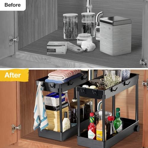 icyant Under Sink Storage, 2 Tier Bathroom Organizer Under Sink Shelf, Multi-Purpose Under Sink Bathroom Storage Rack with Bottom Sliding Wheels and 8 Hooks, for Bathroom Kitchen Countertop, Black