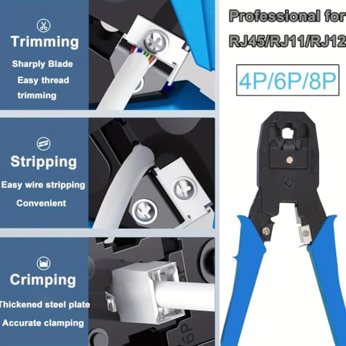 Image of COOLCOLD 3-in-1 RJ45 Crimping Tool Kit - Wire Stripper, Cutter & Crimper for RJ45, RJ11, RJ12, Cat5e /Cat6 LAN Cable with 5 Connectors & 5 Boot Covers - Blue /Green