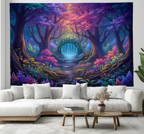 Tapisserie murale 230 x 180cm violette grand format avec motif forêt magique