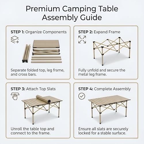 Image of Kraptick Portable Metal Folding Camping Table with Roll-Up Tabletop Lightweight Outdoor Long Table with Carry Bag Compact & Durable Folding Table for Camping, Picnic, Beach & Travel Use (Beige)