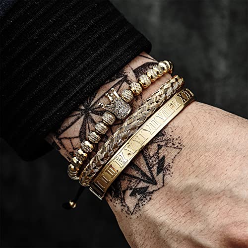 Funeia 3Pcs Cuff Bangle Bracelet For Men Stainless Steel Roman Numeral Charm Cuff Bangle Sets Hip Hop Jewelry (B:gold) #TOP1