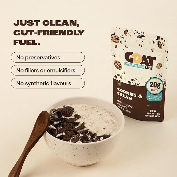 Image of GOAT Life Overnight Oats | 20g Protein | High Fibre | Nutrient-Rich | No Sugar | Gluten-Free & Vegan | Supports Weight Management & Muscle Recovery | Instant Breakfast (Cookies & Cream, Pack of 7)