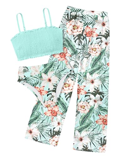 Image of NECIOUS Girls Swimsuit, 3 Piece Bikini Bathing Suit Tropical Floral Swimwear with Cover Up Pants 7-16Y
