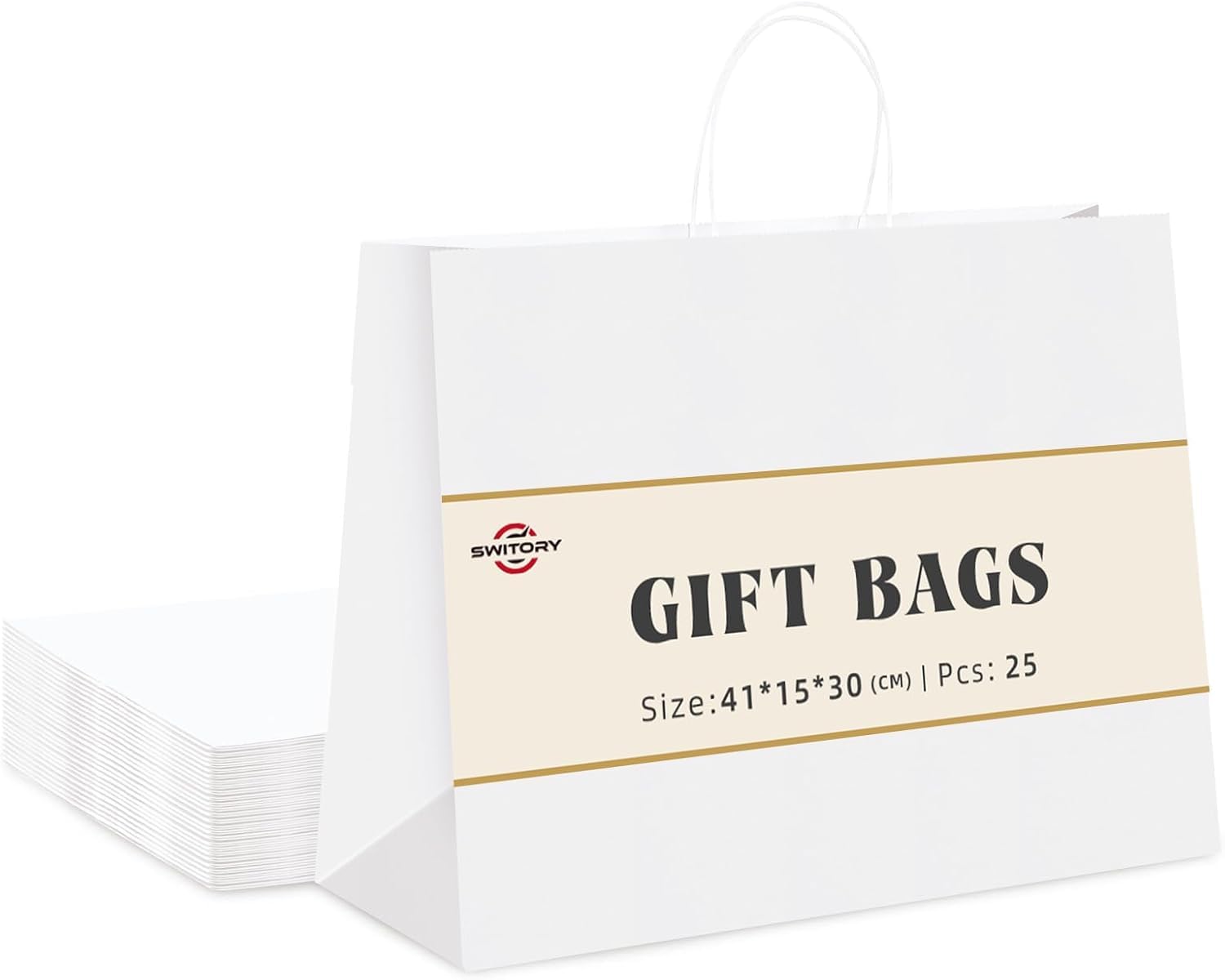 Switory Large Paper Bags for Gifts, White Kraft Gift Bag 16x6x12 Inch, 25 Pcs Party Bags with Handles for Party Favor, Thanksgiving,Birthday,Christian, Christmas.