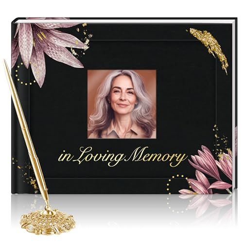 Hardcover Funeral Guest Book with Photo Slot – 9x7 Inch Memorial Sign-In Book, In Loving Memory Keepsake with Gold Stamping, 96 Pages, Ribbon Bookmark & Pen – Elegant Tribute for Celebration of Life