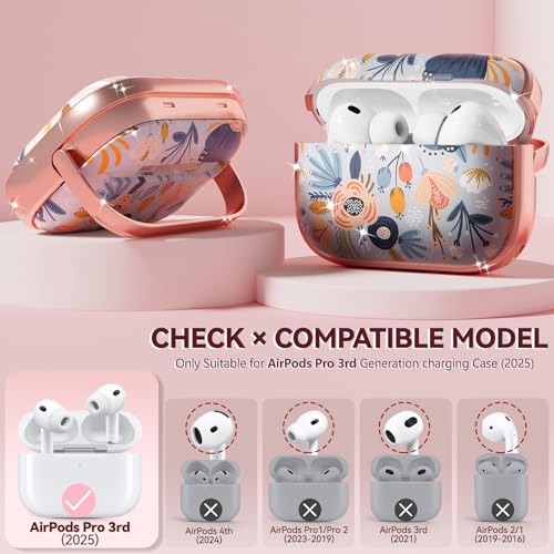 Image of Inesore for AirPods Pro 3 Case Cover 2025 with Lock-Blue Flower | Two-Piece Design,with Gold Keychain & Clean Pen, As Phone Stand,Support Wireless Charging,Cute Luxury Case for Women Girly