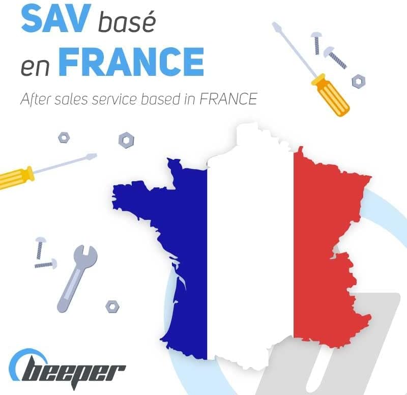 Image showing a map of France with tools scattered around it, indicating after-sales service based in France.