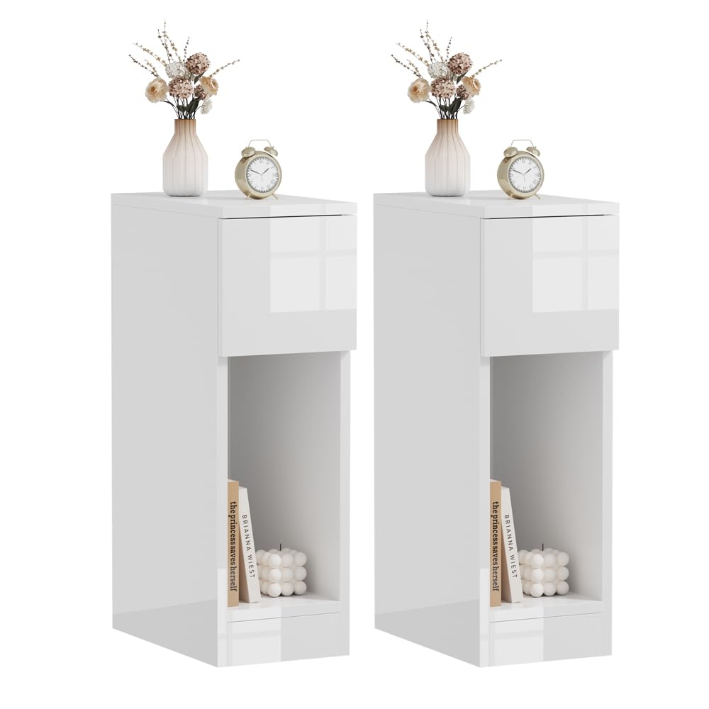 Rainbow Tree Slim Tall Bedside Table Cabinet Set of 2 with Drawer & Storage Space for Bedroom, High Gloss Narrow Sofa Side Table End Table for Living Room, Nightstand White — image 1