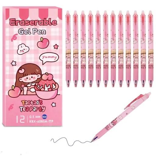 Image of Erasable Gel Pen, Cute Girl Theme, Blue Ink, 0.5mm Fine Tip, Comfort Grip, for School and Office, Pack of 12 (Pink)