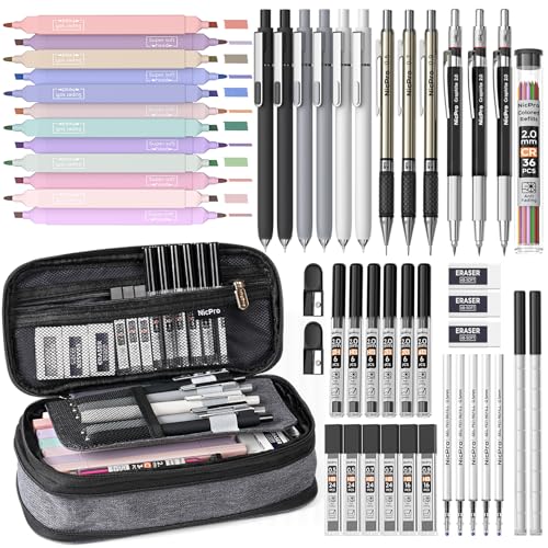Nicpro 50 PCS School Supplies Stationary Set with Pencil Case - 6 Gel Pens & Refills, 12 Highlighters, 6 Art Mechanical Pencil Set, 12 Tube lead Refills for College Essentials Office Stationery -Black