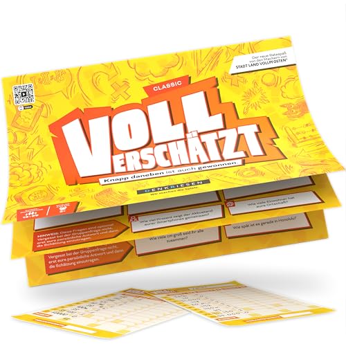 DENKRIESEN - VOLL VERSCHÄTZT! Classic Edition | DIN A4 Spielblock | Ab 12 Jahren | Schätzspiel | Familienspiel | Partyspiel | Ohne Internet | Antworten mit auf dem Block