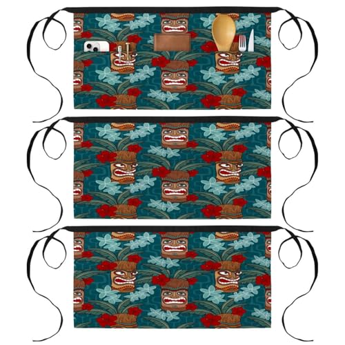 Tabliers courts Tiki multicolores lot de 3 avec 3 poches pour cuisine 60x30.5 cm