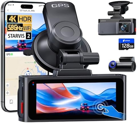 Pelsee S3 Touch 4K Dash Cam Front and Rear, STARVIS 2 Sensor, STARLIT™ Full Color Night Vision, 128GB Card, WiFi 6, ADAS, Dash Camera for Cars with 3.39"IPS Screen, Voice Control, 24H Parking Mode GPS