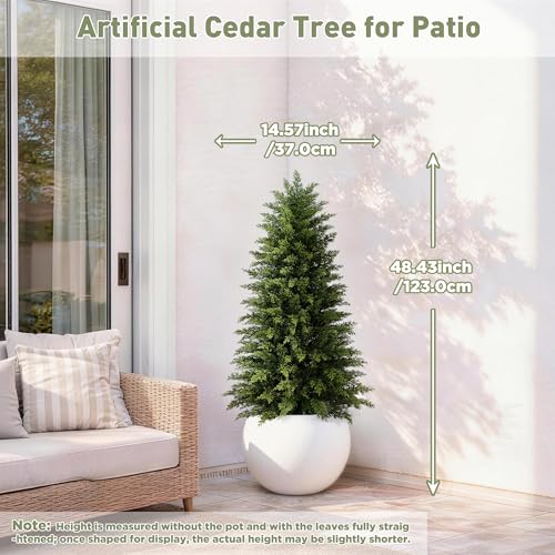 Image of 2 Pack 4ft Artificial Cedar Trees for Outdoors (UV Resistant), Potted Faux Cedar Topiary Plants for Front Porch, Realistic Evergreen Shrub for Entryway & Patio Decor