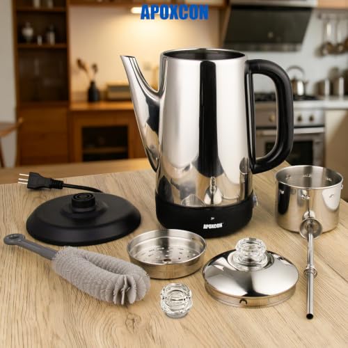 Image of APOXCON Electric Coffee Percolator, Stainless Steel, 1200ml, with Keep-Warm Function, Glass Knob, Cordless Serving - No Aluminum No Plastic Contact with Beverage (8 Cup)