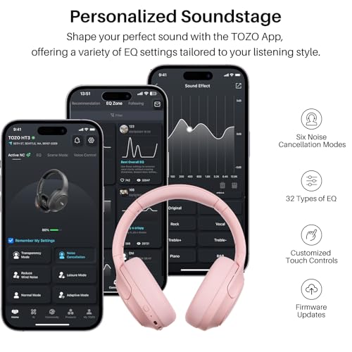 Image of TOZO HT3 Hybrid Noise Cancelling Headphones, 90H Battery Life Wireless Over Ear Bluetooth 6.0 Foldable Headset, AI Voice Assistant with 5 Mics, Connect 2 Devices and Hi-Res Sound, 32 EQ Audio Presets