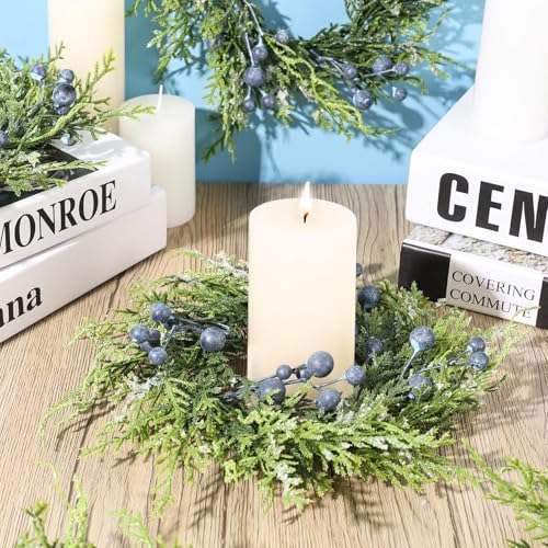 Image of 6 Pcs Mini Blueberry Wreaths Candle Rings Artificial Spring Summer Candle Wreaths for Pillars Rustic Wedding Farmhouse Wreath Table Centerpiece Decoration for Cabinet Kitchen Front Door Home Decor