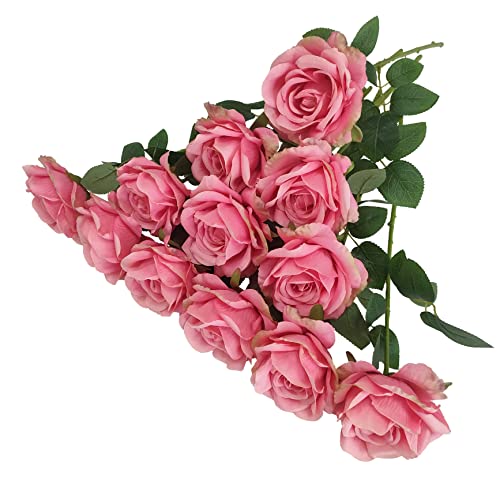 Atfl Hot Pink Roses Artificial Silk Flowers,Fake Roses Artificial Flowers Bulk,12 Pcs Silk Rose Flowers,Artificial Roses With Stems For Wedding Arrangement Centerpieces Party Home Table Decorations #TOP4