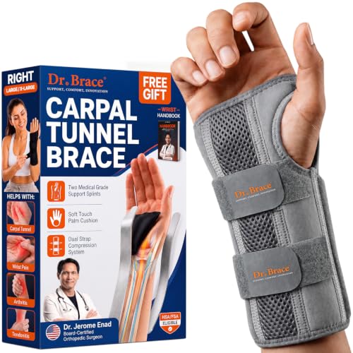 DR. BRACE Carpal Tunnel Wrist Brace Night Support- Hand Brace for Pain Relief- Tendonitis, Sprained, Arthritis- Upgraded Dual Wrist Splints & Therapeutic Cushion, For Women & Men (L/XL Right, Grey)