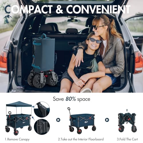 Portal Festival Beach Trolley on Wheels with Canopy Folding 350L XXL Heavy Duty Camping Trolley Cart with Brakes Open Tailgate Pull along Wagon Collapsible Garden Hand Truck Trailer Buggy - 7