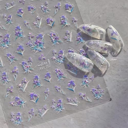 Image of Flower Nail Art Stickers 5D Embossed Colorful Nail Decals for Nails Art Design Self Adhesive Nails Charm Supplies Accessories for Women Manicure DIY Decoration