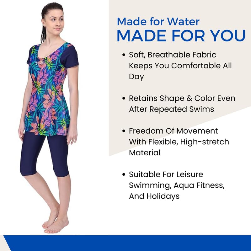 Image of Originals Swimming Costume for Women's One-Piece Beach Wear with Sleeve & Skirted 3 /4 Leggings Maximum Covered Swim Wear Dress (L - 7XL)