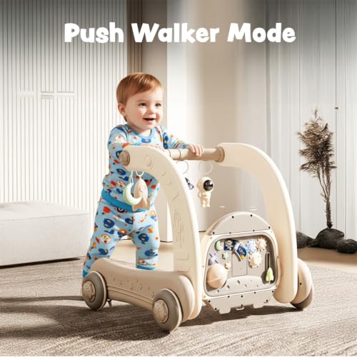 Image of Baybee 4-in-1 Activity Baby Walker for Kids with Convertible Play Gym, Musical Piano & Push Walker | Interactive Hanging Toys, Lights, Anti-Slip Wheels for Babies 0 to 3 Years (Brown)