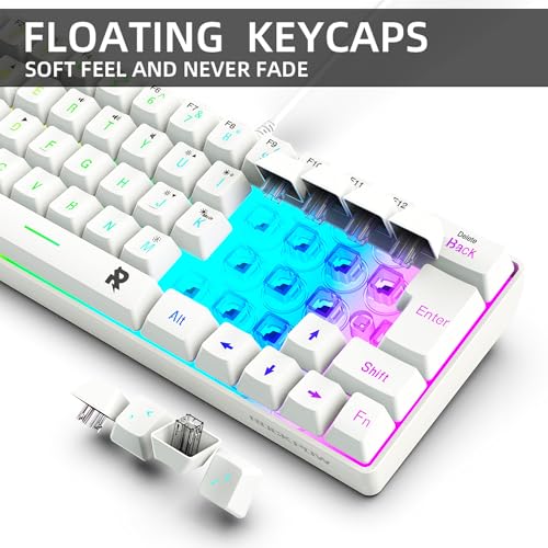 Image of ROCK POW 60% Wired Gaming Keyboard, RGB Backlit Ultra-Compact Mini Keyboard, Waterproof Small Compact 63 Keys Keyboard for PC /Mac Gamer, Typist, Travel, Easy to Carry on Business Trip White