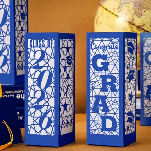 Image of Rossesay 6 Pcs Graduation Table Centerpieces Boxes Class of 2026 Graduation Lanterns for Centerpieces with LED Candles Congrats Grad School College Photo Props for Party Table Decoration (Blue)