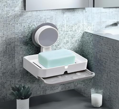 Image of Wall-Mounted Soap Holder with Waterproof Adhesive, Premium ABS Plastic, Removable Drain Tray, White