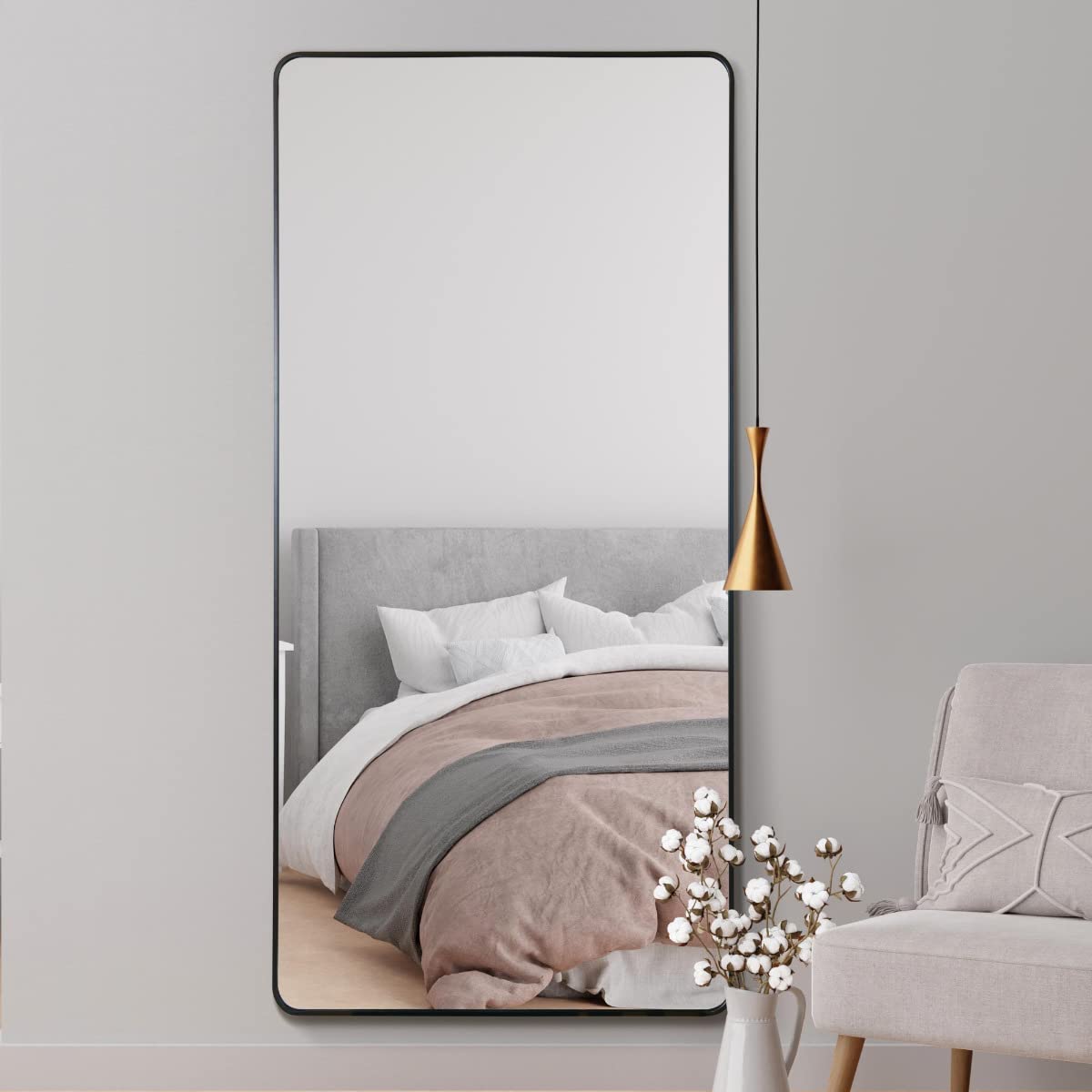 Black Aluminium Curved Edge Wall Leaner Mirror 68"x33" - MirrorOutlet