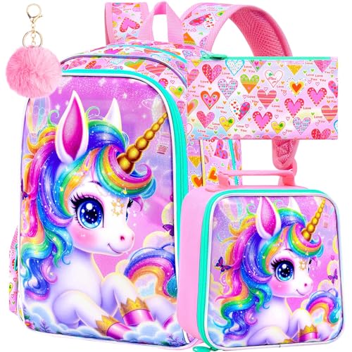 Image of AGSDON 3PCS Unicorn Backpack for Girls, 16 inch Kids Backpacks for Girl Water Resistant Preschool, Elementary Bookbag with Lunch Box