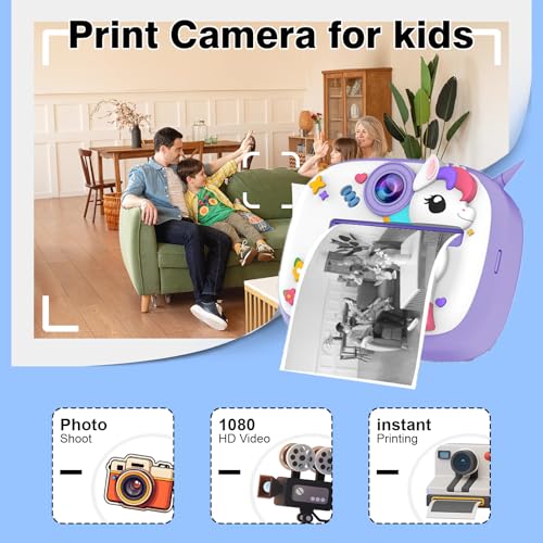 Image of Kids Camera with Instant Print, Front & Rear Dual Cameras, Portable Travel Digital Toy, Birthday for Girls & Boys Ages 3-12 (32GB SD Card) Purple