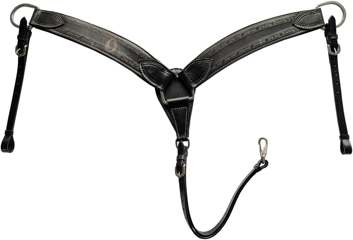 Western Breast Collar Roping Horse Barrel Racing Trail BREASTCOLLAR Tooled Leather Ranch Roping Working Breastplate | Horse Size (Black Barbed)