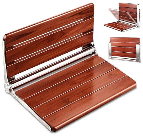 Asiento de ducha plegable de teca actualizado de 18 pulgadas compatible con ADA 2025 montado en la pared, silla de ducha plegable de teca