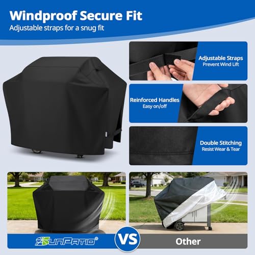 Image of SunPatio BBQ Grill Cover 70 Inch, Outdoor Heavy Duty Waterproof Barbecue Gas Grill Cover, Fade Resistant, All Weather Protection Compatible for Weber Charbroil Kenmore Brinkmann and More, Black