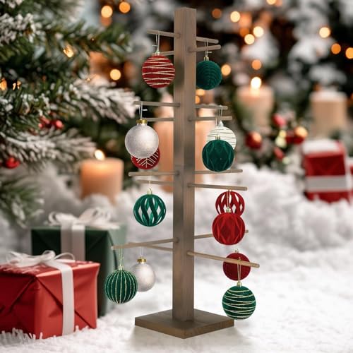 YLOLUL 32 inch Brown Wooden Christmas Tree Ornament Display Stand - Holds 16 Ornaments
