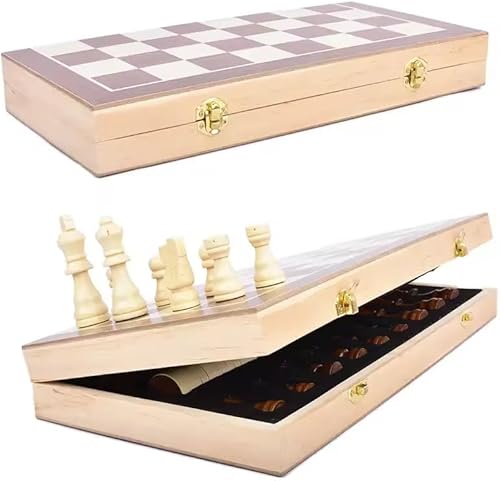 Miniatura 5 de Juego de mesa de ajedrez y damas de madera magnética de 15 pulgadas, diseño de viaje portátil con almacenamiento, 2 jugadores